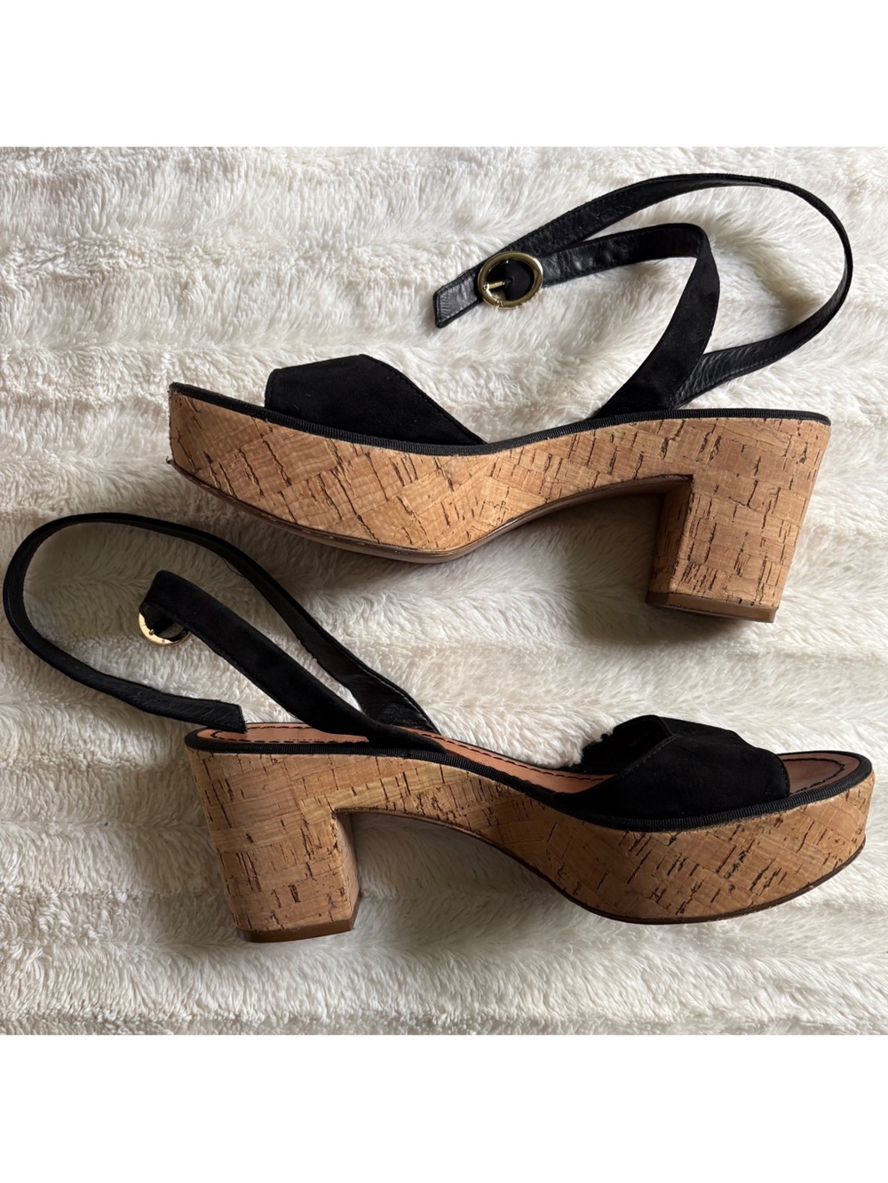 Diane von Furstenberg Women's Black Sandals Size 7.5 Cross Strap Cork Wedge Heel